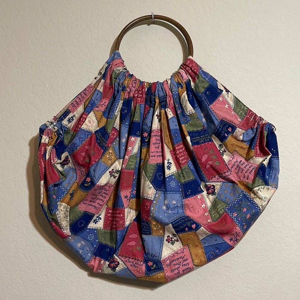 Vintage Fabric Large bag with wood handle